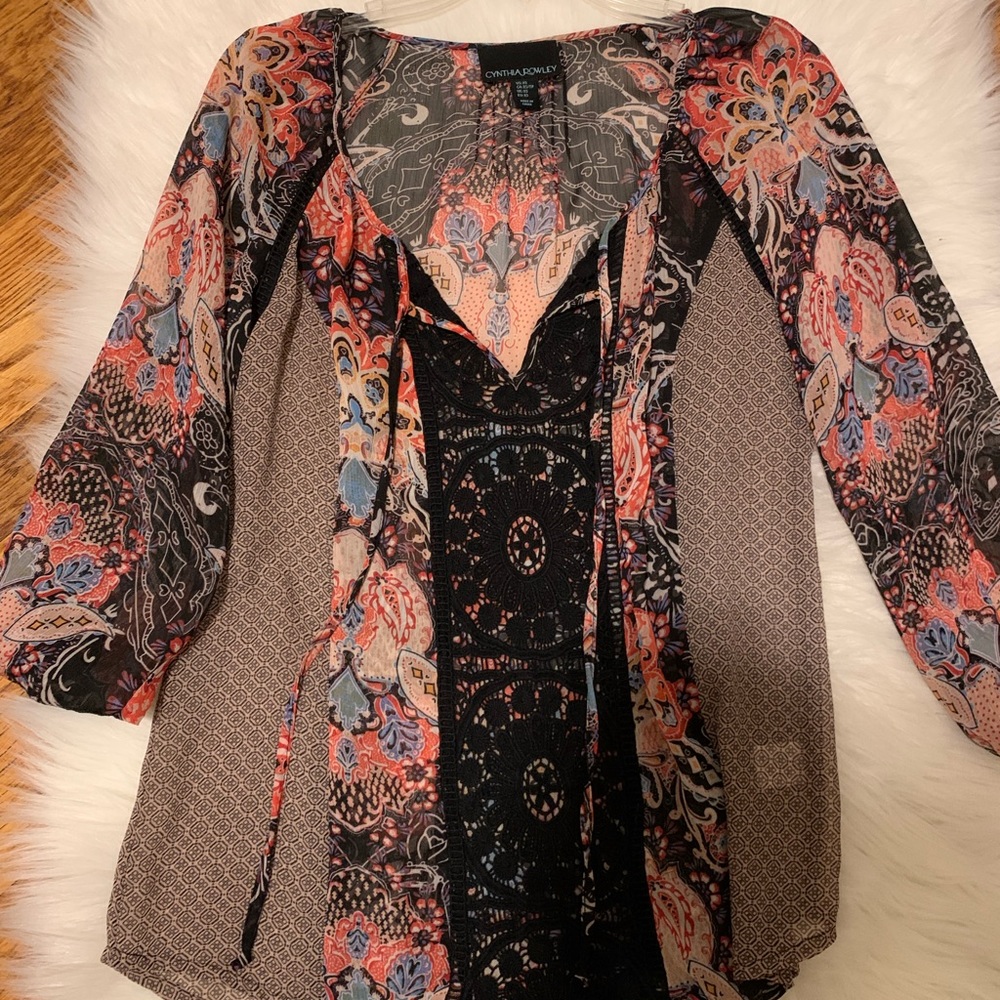 Cynthia Rowley Paisley Lace Black and Red 3/4 sleeve Shirt top